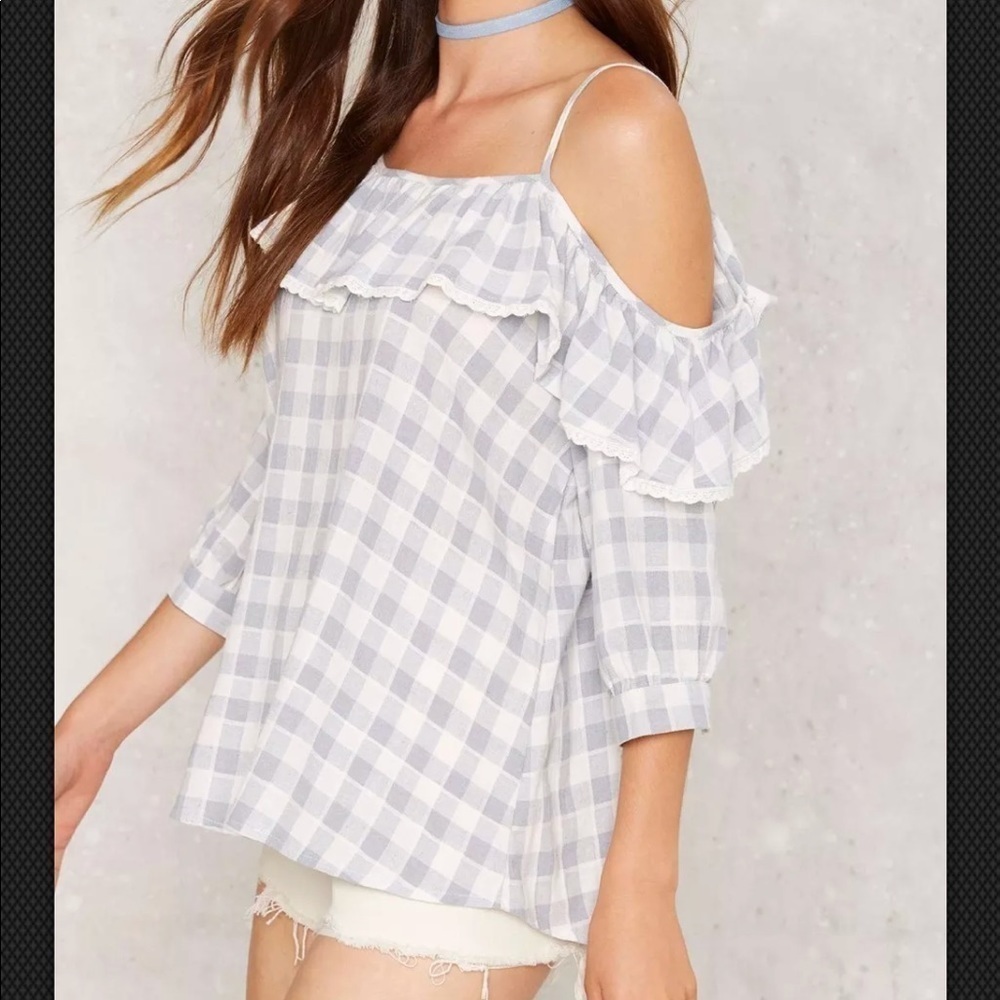 Nasty Gal GoingGingham Cold Shoulder Top One Size - Picture 2 of 5